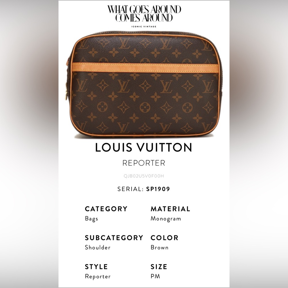 Louis Vuitton Monogram Brown Reporter Bag 11x6x8 (LxWxH)